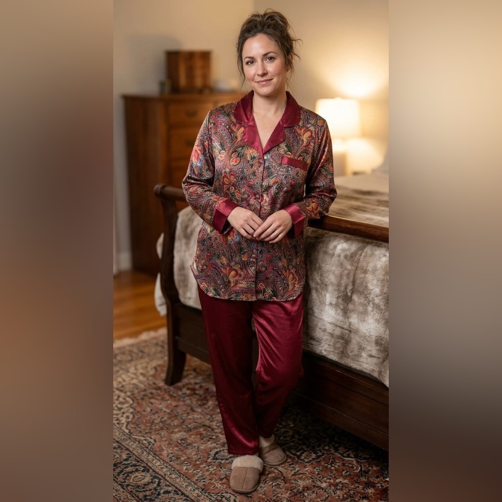 #vintage Kathryn Vintage Satin Pajama Set - Size M - Burgundy Paisley Print 2pc